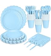 WNINK 175 PCS Light Blue Scalloped Plates and Napkins, Blue Disposable Plates Set with Napkins Cu...
