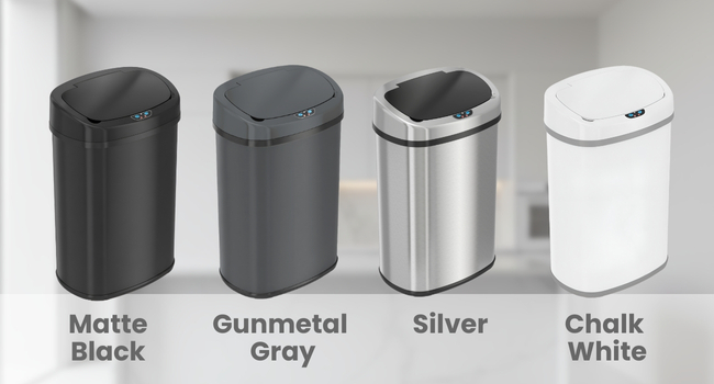 iTouchless sensor trash can shown in black, gray, silver, and white
