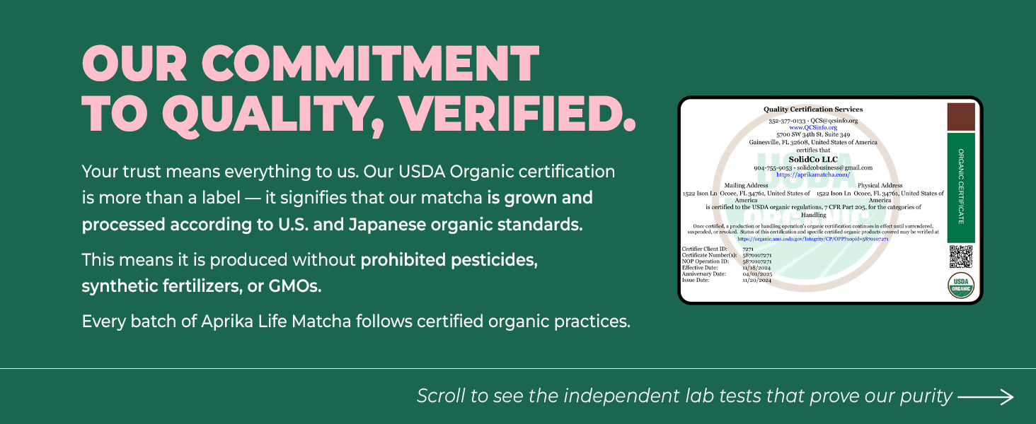 Matcha product certification panel showing USDA organic compliance
