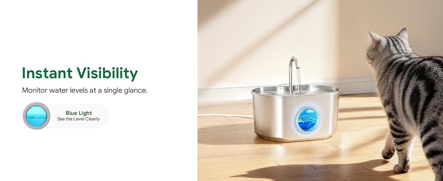 This fountain features a blue-light window for easy water level monitoring.