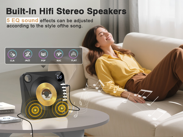 Text reads 'Built-In Hifi Stereo Speakers' and '5 EQ scenes effects can be adjusted'. Multiple panels showing speakers and someone relaxing on a couch with audio equipment.