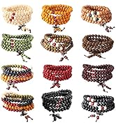 LOYALLOOK 12Pcs 108 Mala Bead Bracelets 8MM Buddhist Prayer Strand Sandalwood Wood Beaded Bracele...