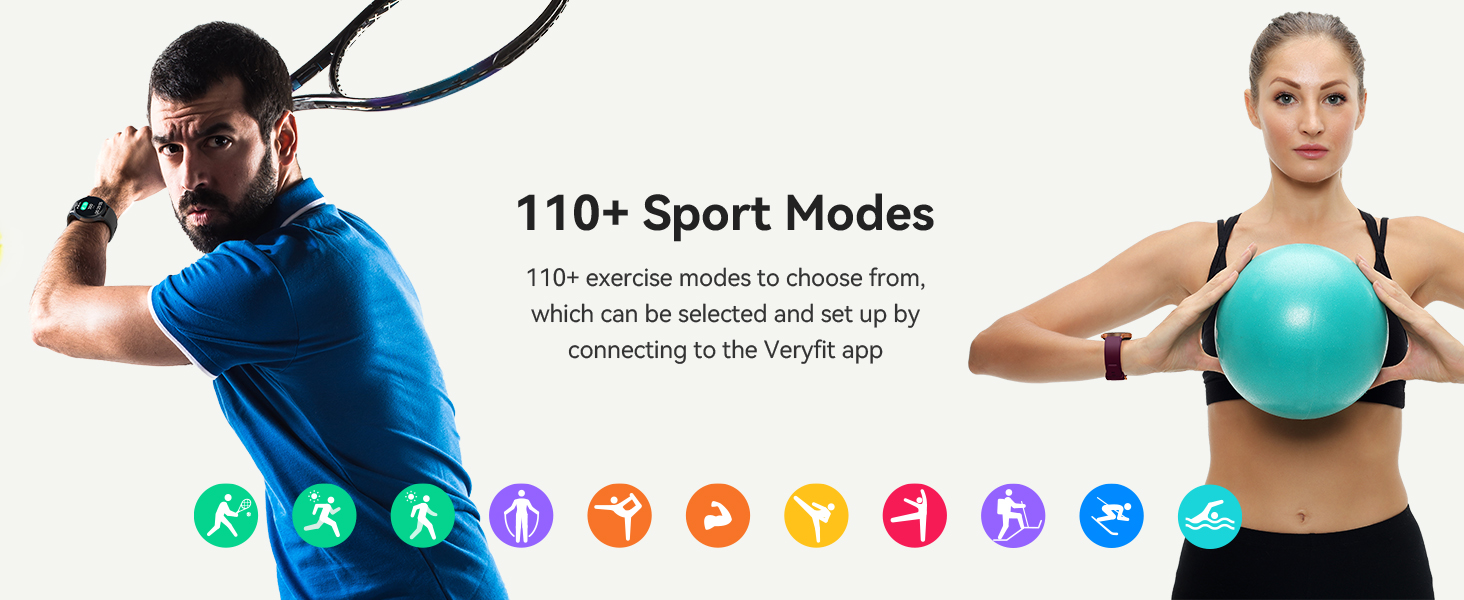 Text reads '110+ Sport Modes'. Fitness-themed image with colorful circular icons showing various activity options, accompanied by exercise demonstration images.