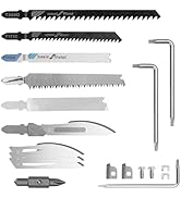 Collection of various saw blades and cutting attachments, including reciprocating saw blades and mounting hardware.