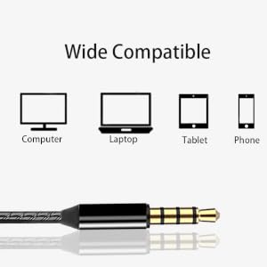 Audio cable with 3.5mm jack, braided cord, and metal plug. Icons show compatibility with computer, laptop, tablet, and phone devices.