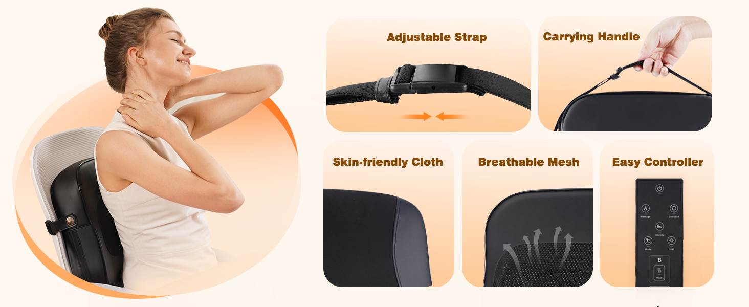 Massage chair features panel showing adjustable strap, carrying handle, breathable mesh, controller, and skin-friendly fabric options.