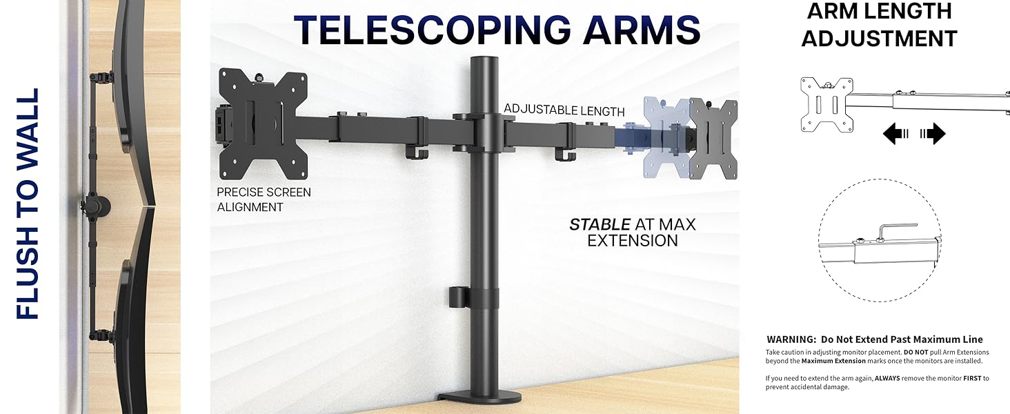dual monitor mount telescoping arms flush wall desk stand vesa 75 100 clamp grommet