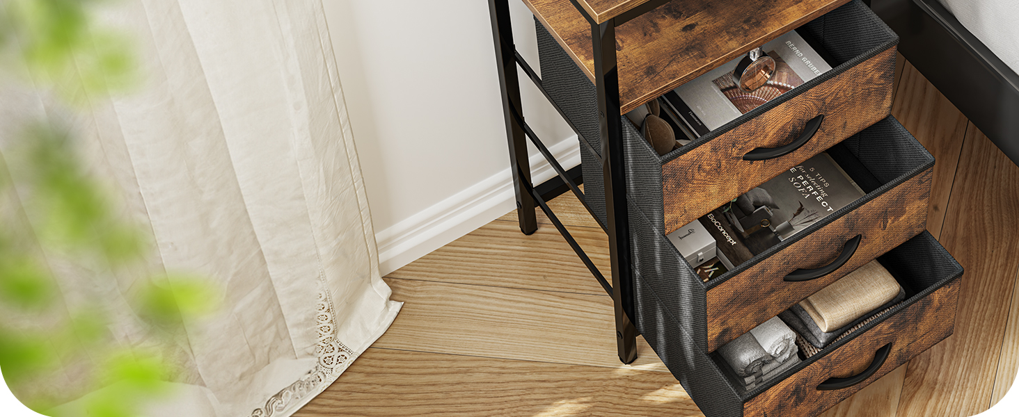 Nightstand with Charging Station, 27.6 Inch Side Table with Fabric Drawers