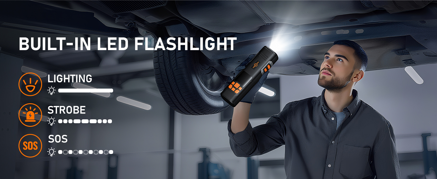 CAR TIRE INFLATOR: BUILT-IN LED FLASHLIGHT