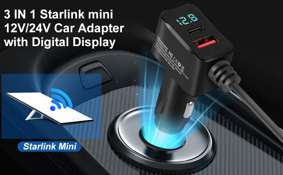 Dual Fast Charging – 60W starlink mini cable+ 36W USB-C PD + 18W USB-A QC