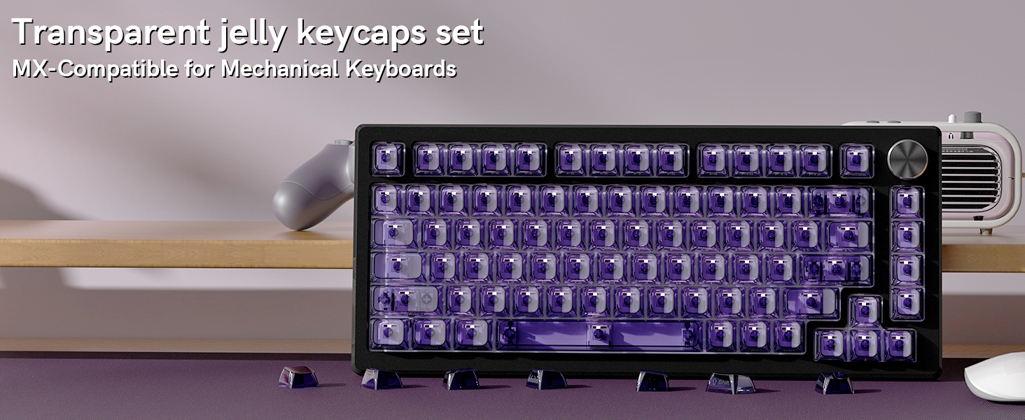Purple Clear keycaps,Transparent keycaps,Ceramic Jelly Key caps,Shine Through keycap Side Printed