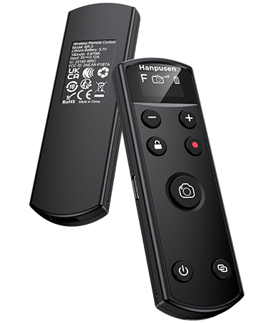 Multiple views of a black wireless remote control device with buttons and power indicator, showing different angles of the same unit.