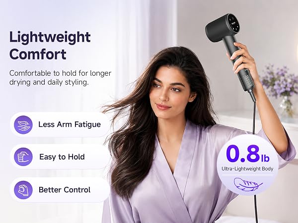 Lightweight hair dryer for overhead styling and comfortable drying
