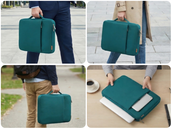 Teal-colored travel toiletry bag shown from multiple angles, demonstrating its folding capability, compartments, and portable design.