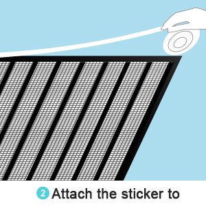 Partially visible image of a hand holding an object near a grid-like surface. Text instructs to 'Attach the sticker to'.