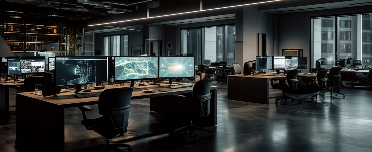 Modern office space with multiple computer workstations. Dark room with glowing screens on desks, creating a high-tech atmosphere.