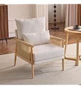 Karl home Cozy Chenille Accent Chair with Lumbar Pillow &amp; Rattan Arms Modern Lounge Chair for Liv...