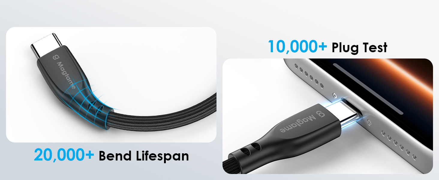 Text reads '10,000+ Plug Test' and '20,000+ Bend Lifespan'. Curved black charging cable with connector ends shown with bend-test graphics demonstrating durability and reliability.