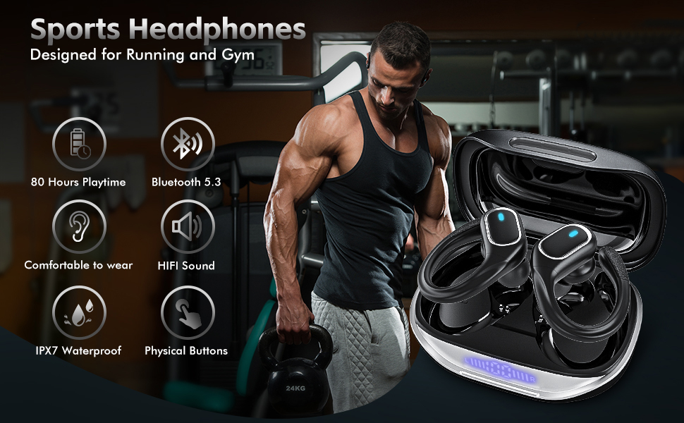 Text reads 'Sports Headphones Designed for Running and Gym'. Product features diagram showing Bluetooth 5.2, Physical Buttons, IPX7 rating, and other specifications with earbud image.