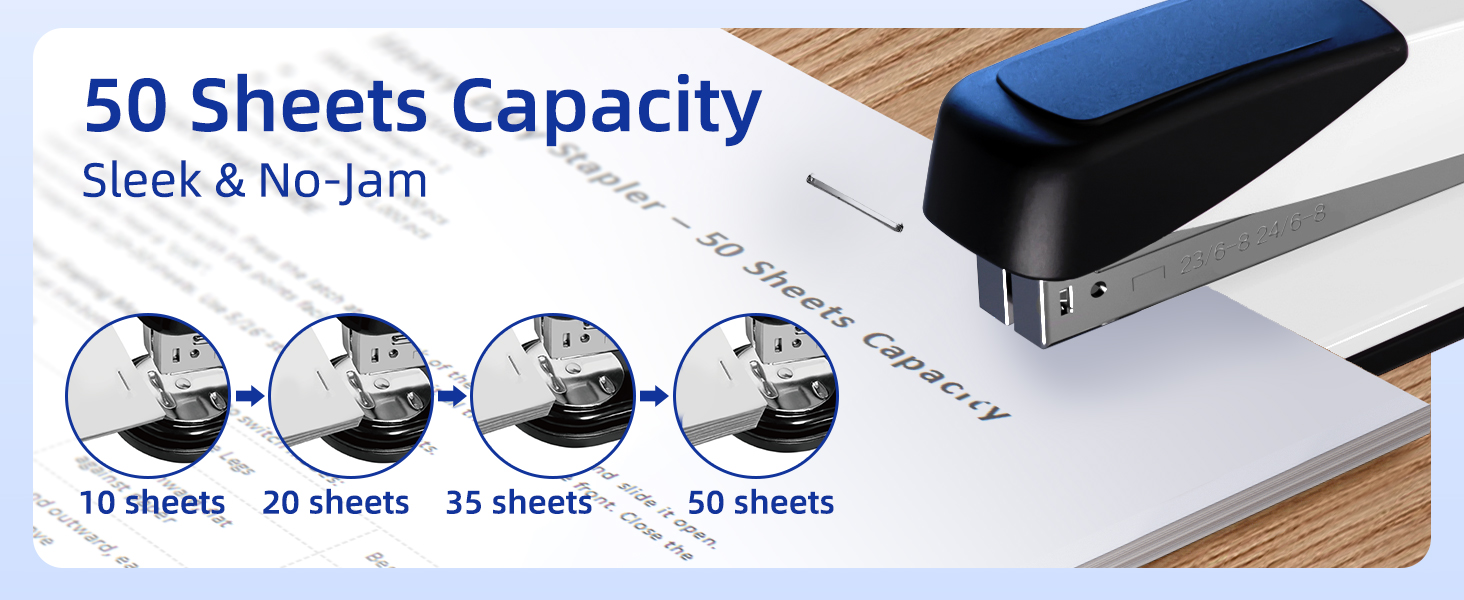 This heavy-duty stapler can staple 50 sheets. This stapler offers a high-quality, no-jam stapling.