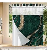 No Hook Shower Curtain with Snap in Liner, Green Marble Shower Curtain, Fabric Waterproof Inner L...