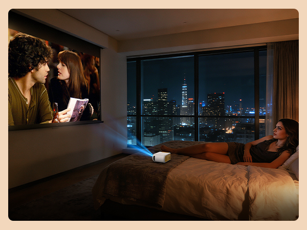 Dark interior shots of modern apartment or hotel room with city skyline visible through large windows at night, showing different angles of the space.