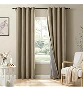 100% Blackout Shield Linen Blackout Curtains for Bedroom 84 Inches Long, Plaza Taupe Grommet Curt...