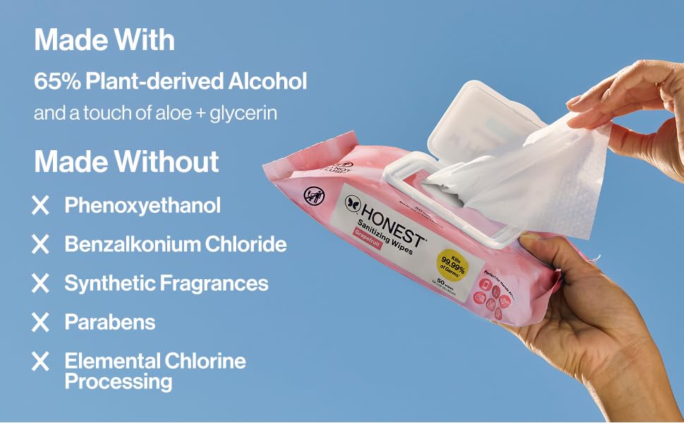 Made with 65% plant derived alcohol. Made without BZK, fragrance, parabens, or chlorine processing
