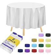Hereisa White 6 Pack Plastic Table Cloth 84", Disposable Round Tablecloth Table Cover, Plastic Ta...