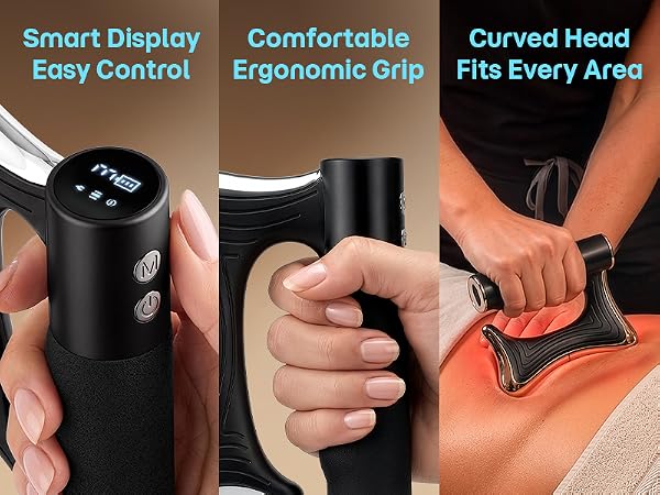 Mini muscle recovery fascia device with smart display, ergonomic grip and curved head