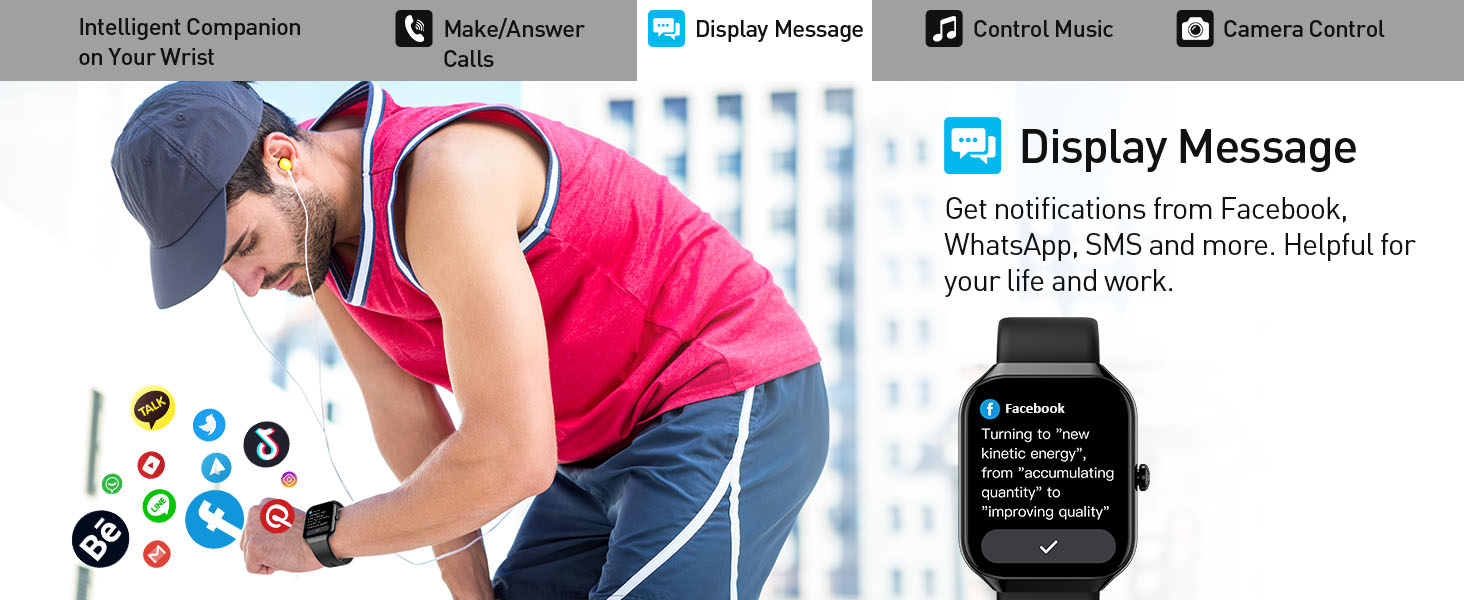 Smartwatch displaying notifications feature, with app icons and a person wearing the watch visible. Text describes messaging capabilities from various platforms.
