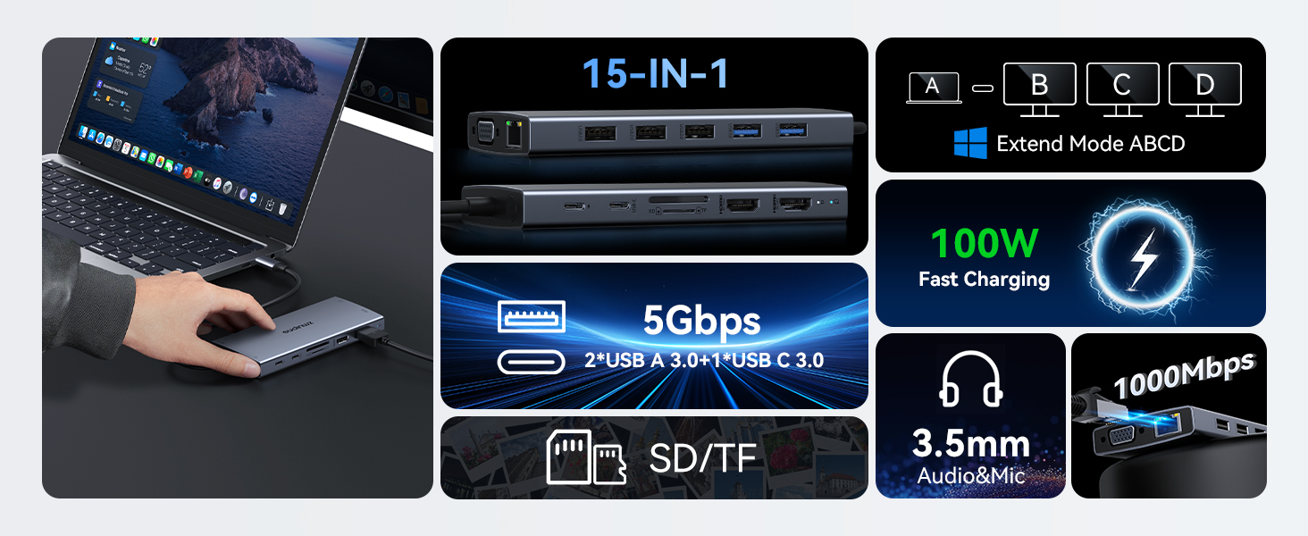 USB C Docking Station Dual Monitor for Dell HP Lenovo Surface Laptop