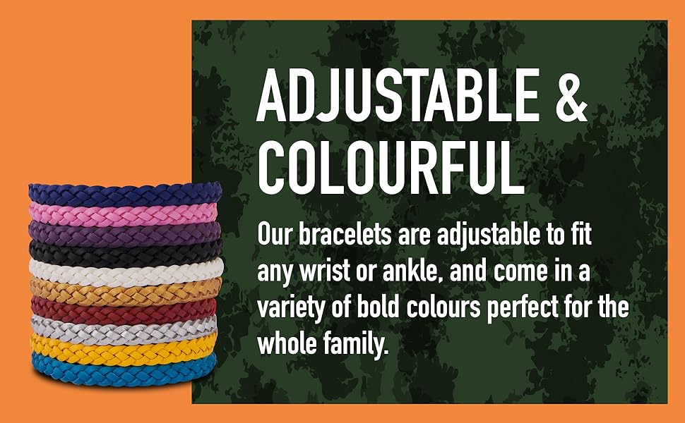Stack of colorful braided bracelets. Text states they're adjustable, fit wrists or ankles, and come in bold colors for the whole family.