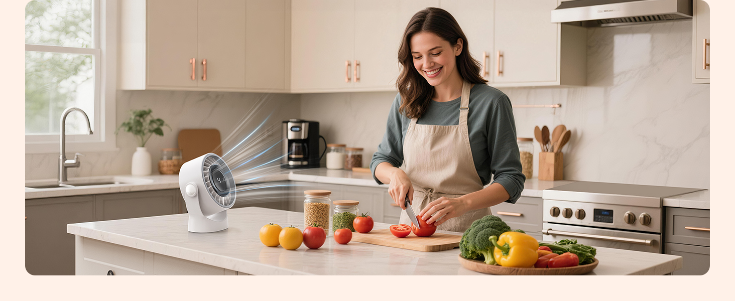 Modern kitchen scene showing food preparation with fresh produce on white countertop. Kitchen features stainless steel appliances and neutral cabinetry.