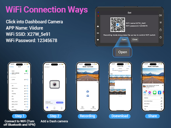 WiFi connection instructions with QR code and smartphone screens showing app interface for connecting to a dashboard camera.