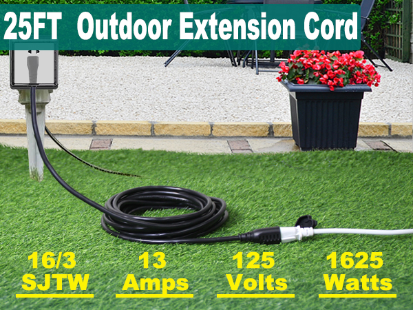 Black Outdoor Extension Cord - SJTW 16AWG Weatherproof Grounded 3Prong Extension Cord