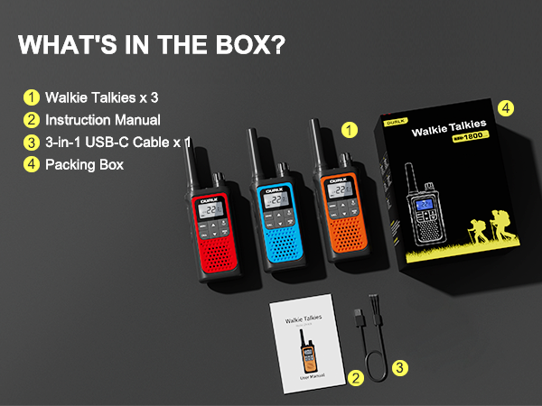 The package includes 3 rechargeable walkie talkies charging cables instructions and box
