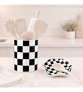 Checkered Utensil Holder and Spoon Rest Set, Black and White Ceramic Utensil Holder for Counterto...