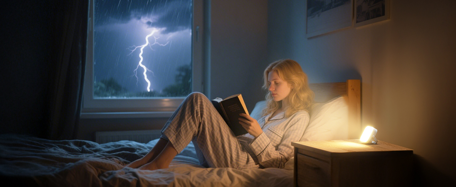 Sequence of dimly lit interior scenes showing illuminated screens and warm lamp lighting, creating a cozy atmosphere in darkness.