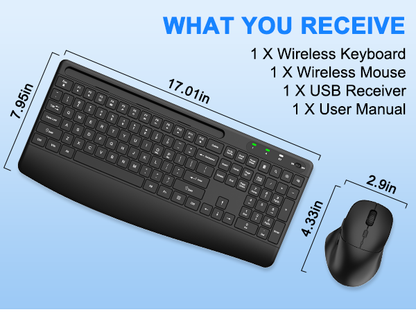 Wireless Keyboard and Mouse, Comfort Ergonomic Palm Rest Keyboard Mouse Combo Phone Holder