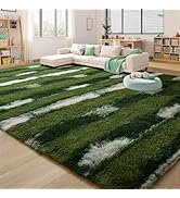 FALARK Fluffy Green White Shag Striped Area Rug, 6x9 Feet Rectangle Plush Fuzzy Rugs for Living R...