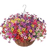 HyeFlora Artificial Fake Hanging Plants Flowers with Basket Outdoor Decor Faux Silk Dasiy Flower ...