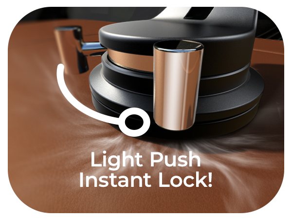 Close-up of a black and metallic kitchen appliance with a circular base and cylindrical attachment. Text overlay reads 'Light Push Instant Lock!'