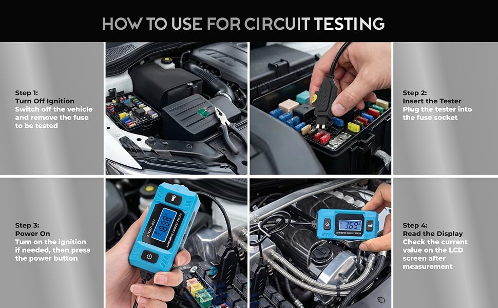 Four panels with step by step visual instructions for using an automotive circuit tester device