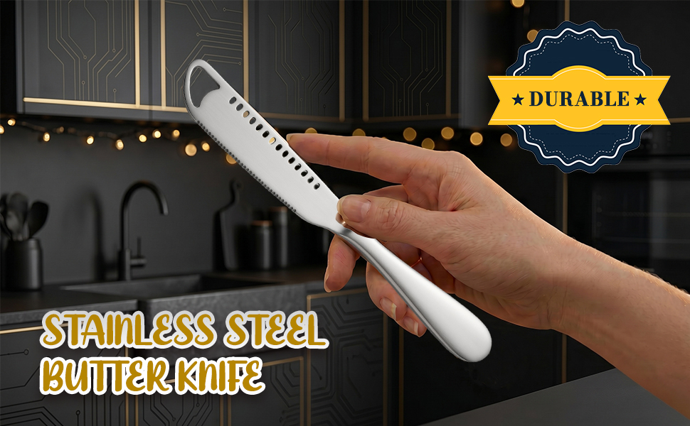 Stainless steel butter knife with holes, durable butter churner style tool for easy spreading.