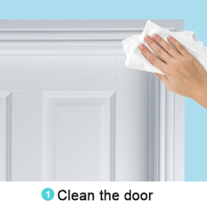 Hand wiping white door with cloth. Text overlay says 'Clean the door'. Blue background suggests cleaning or maintenance context.