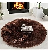 HYSEAS Faux Sheepskin Fur Area Rug Brown, 3x3 Feet, Round Fluffy Soft Fuzzy Plush Shaggy Carpet T...