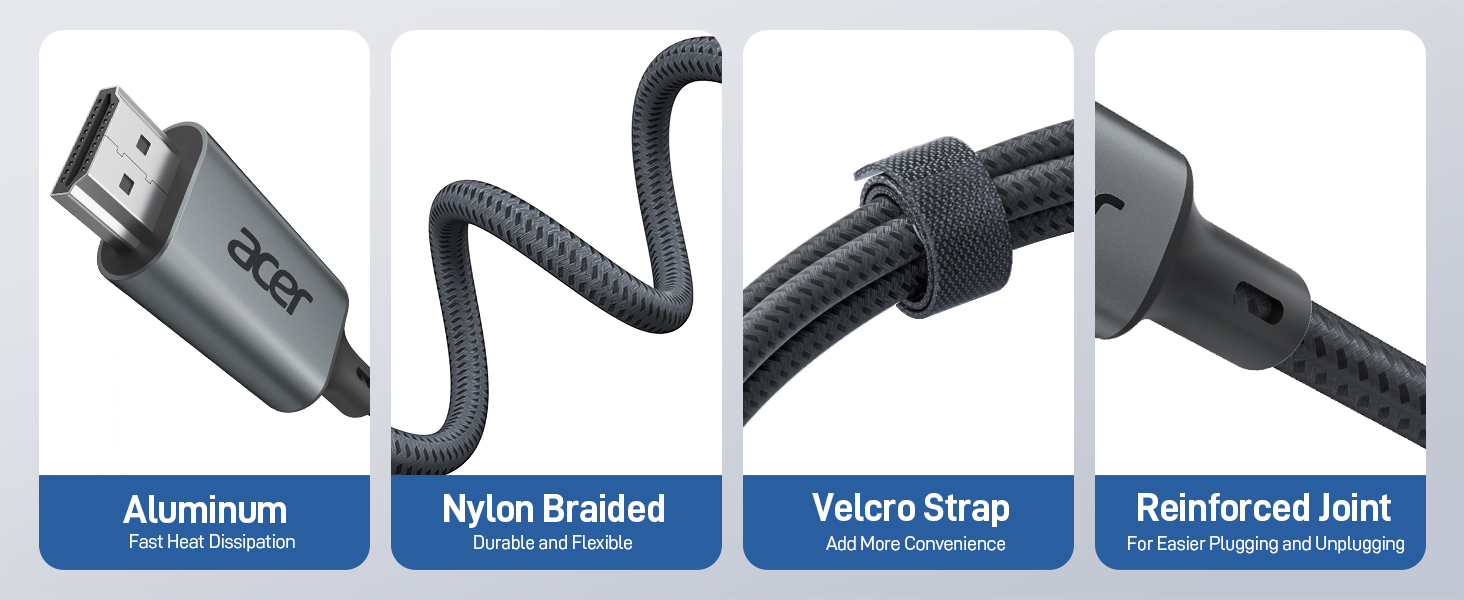 USB cable with aluminum connector, nylon braided cord, velcro strap for cable management, and reinforced joint for durability. Four panels showcase different features of the cable.