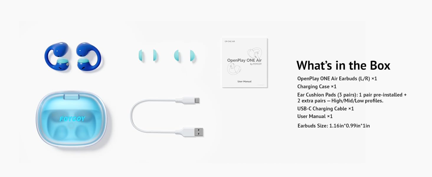 Package contents: OpenPlay earbuds charging case cable and accessories.