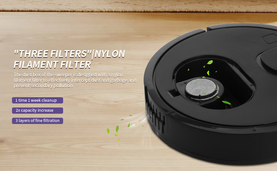 Text reads: 'THREE LEVELS-VACUUM-PLAN'. Image shows a black robotic vacuum cleaner with multiple text labels indicating features.